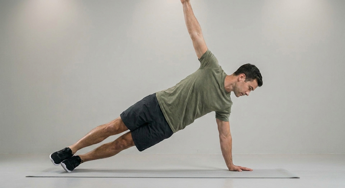 Athlète réalisant une pompe en T, tourné en planche latérale avec le bras supérieur tendu vers le haut